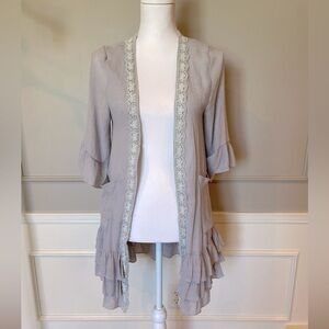 Sassybling tiered gray ruffle cardigan Small open front 3/4 sleeve rodeo western